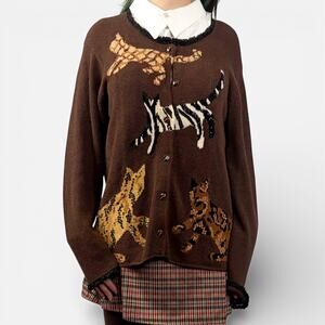 Vintage Susan Bristol Brown Beaded Embroidered Playful Cats Cardigan Sz P Large